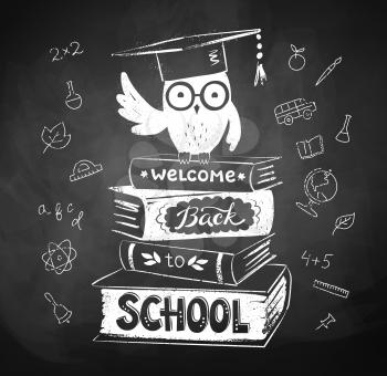 Vector chalk drawing of owl sitting on books with Welcome Back to School lettering.