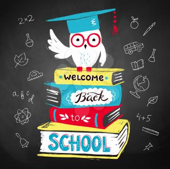 Vector illustration of owl wearing mortarboard sitting on books with Welcome Back to School lettering on black chalkboard background.