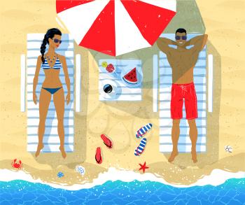 Vector top view illustration of young couple on vacation laying on beach beds near sea surf.