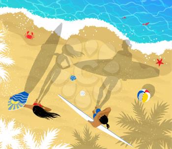 Top view vector illustration of surfers man and woman standing near water with long shadows.