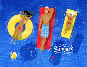 Vector top view illustration of young family on vacation floating on water in swimming pool.