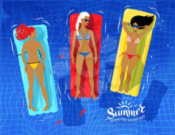 Vector illustration of three young women floating on pool rafts and sunbathing in water.