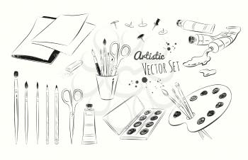 Vector black and white line art illustration set of artists supplies.