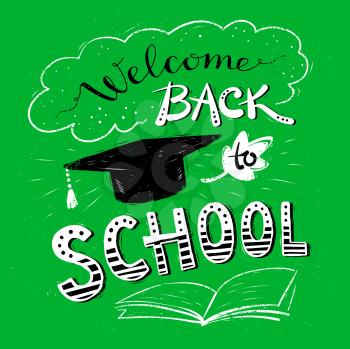 Welcome Back to School lettering with mortarboard on green background.
