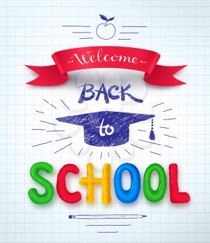Welcome Back to School poster with plasticine letters, mortarboard cap and ribbon banner on checkered paper background.