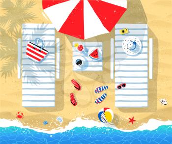 Summer vector illustration of sun beds, parasol and seaside accessories on beach sand background with sea surf.