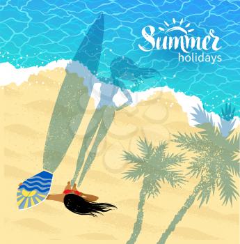 Top view vector illustration of surfer girl standing near water with long shadow of palm trees.