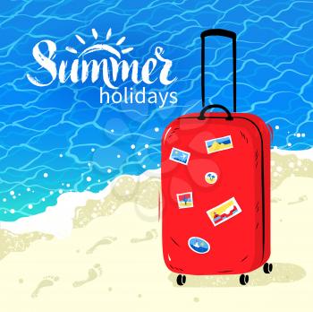 Summer vacation illustration with travel bag and sea coast background.
