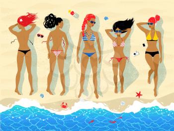 Top view vector illustration of five sunbathing young women lying on beach near sea surf.