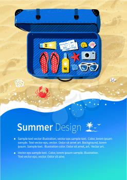 Summer vacation flyer design with top view travel suitcase with accessories on beach sand and sea surf background.