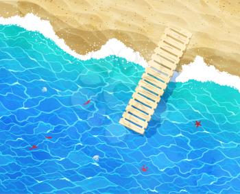 Vector background with sea surf, berth, water ripple and beach sand.