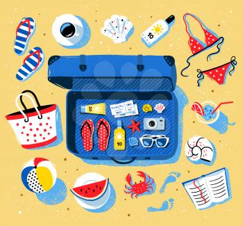 Summer seaside vacation vector set with open travel suitcase and beach accessories lying on sand.