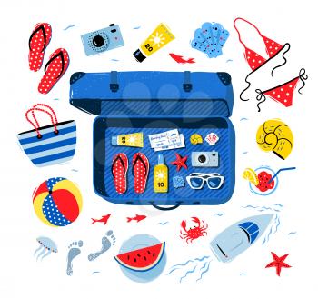 Summer seaside vacation vector set with open travel suitcase and beach accessories on white background.