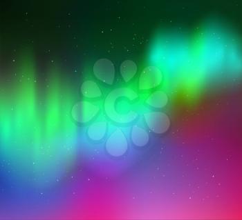 Vector illustration of northern lights background in green, cyan and magenta colors.