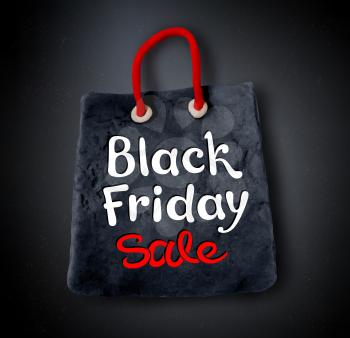 Vector illustration with Black Friday lettering and hand made plasticine shopping bag banner on black background.