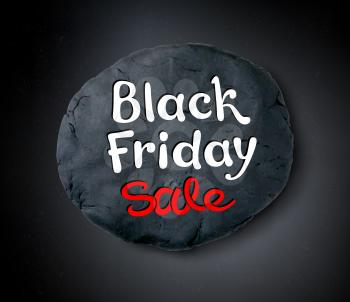 Vector illustration with Black Friday lettering and hand made plasticine round banner on black background.