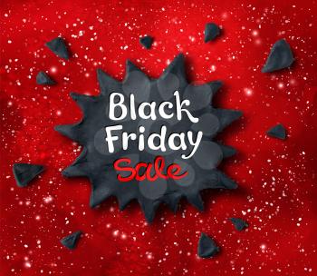 Vector illustration with Black Friday lettering and hand made plasticine explosion banner on red festive grunge background with sparkles.