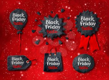 Vector set of hand made plasticine Black Friday banners with lettering on red festive grunge background with sparkles.