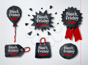 Vector set of hand made plasticine Black Friday banners with lettering on checkered paper background.