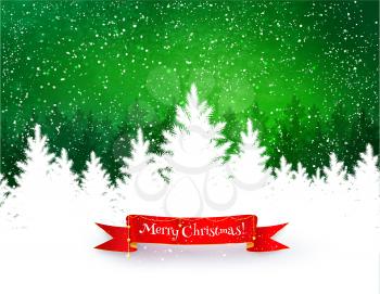 Christmas landscape background with falling snow, white spruce forest silhouette, mountains, and red ribbon banner with garland. 