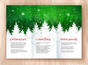 Christmas white and green leaflet design template with winter spruce forest landscape and falling snow.