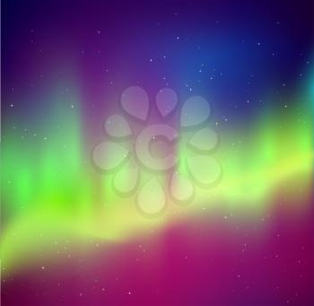 Vector illustration of northern lights background in purple  violet and green colors.