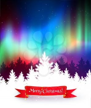 Winter landscape background with northern lights, white spruce forest silhouette and red festive ribbon banner. 
