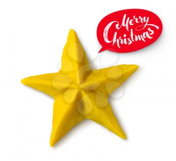 Hand made plasticine figure of Christmas star with shadow on white background and red lettering banner.