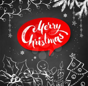 Chalk drawn vector Christmas illustration of traditional festive objects and red banner with lettering.