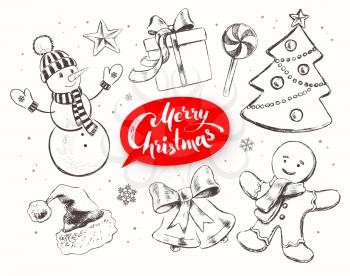 Christmas vintage line art vector set with festive objects and red lettering banner.