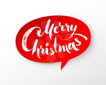 Vector illustration of red paper speech bubble banner with Merry Christmas hand written lettering.