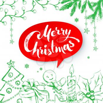Christmas vector illustration of traditional festive objects with red speech bubble banner and lettering.