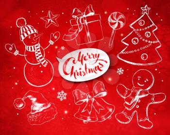 Christmas vintage line art vector set with festive objects and white lettering banner on red grunge background with sparkles.