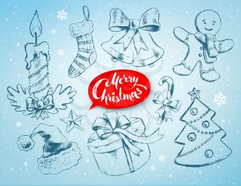 Christmas hand drawn line art vector set with festive objects and red lettering banner on soft blue winter background.