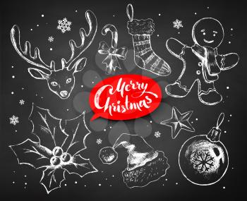 Christmas chalked vector set with festive objects and red lettering banner on blackboard background.