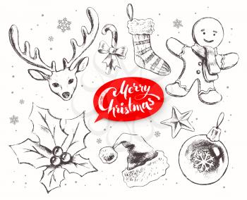 Christmas line art vector set with festive objects and lettering banner on white background.