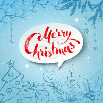 Christmas vector illustration of traditional festive objects and white banner with lettering on soft blue winter background.