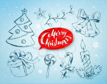 Christmas hand drawn line art vector set with festive objects and red lettering banner on soft blue winter background.