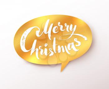 Vector illustration of gold speech bubble banner with Merry Christmas hand written lettering.