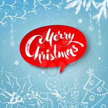 Christmas vector illustration of traditional festive objects and red banner with lettering on soft blue winter background.