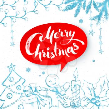 Christmas vector illustration of traditional festive objects and red banner with lettering on white background.