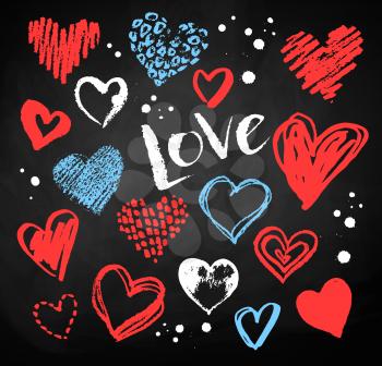 Vector color chalk drawn collection of grunge Valentine hearts on blackboard background with Love word lettering.