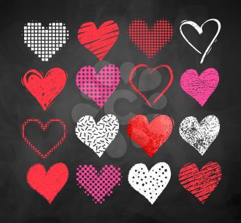 Vector color chalk drawn collection of grunge Valentine hearts on blackboard background.