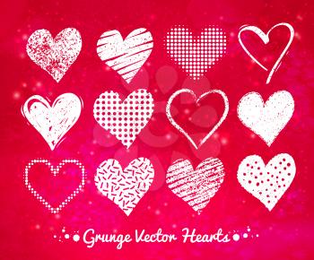 Vector collections of white grunge Valentine hearts on pink background texture with light sparkles.