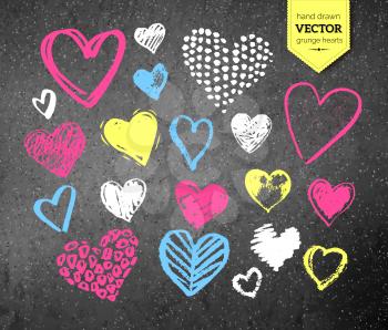 Vector color chalk drawn collection of grunge Valentine hearts on gray asphalt texture background.