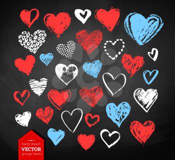 Vector color, red, blue and white  chalk drawn collection of grunge Valentine hearts on blackboard background.