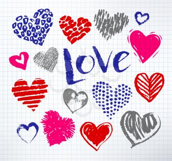 Vector hand drawn collection of grunge Valentine hearts on school notebook checkered paper background with Love word lettering.