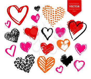 Vector hand drawn collection of grunge Valentine hearts on white background.