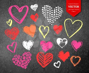 Vector color chalk drawn collection of grunge Valentine hearts on gray asphalt texture background.