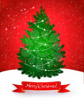 Vector illustration of Christmas postcard in red and green colors with fir tree and ribbon banner. 